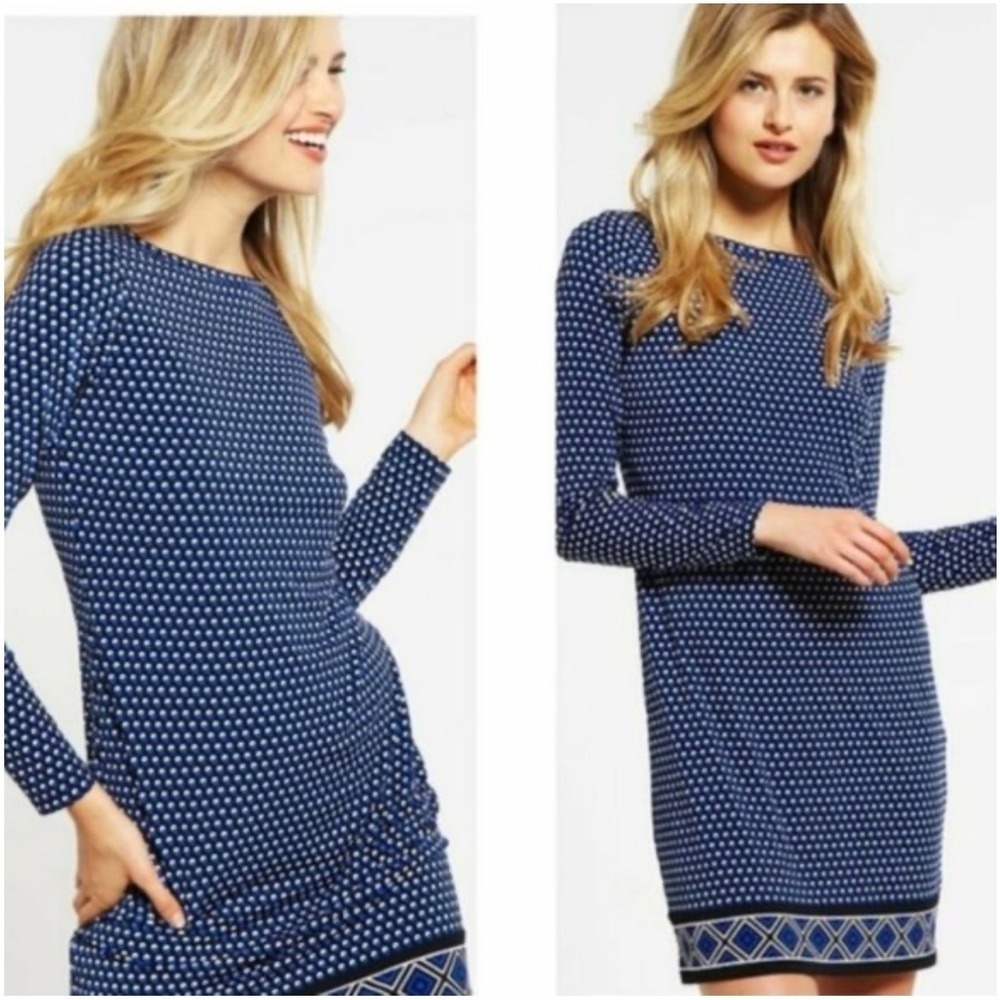 Michael Kors Women's Blue Geometric Print Long Sleeve Shift‎ Dress Size M